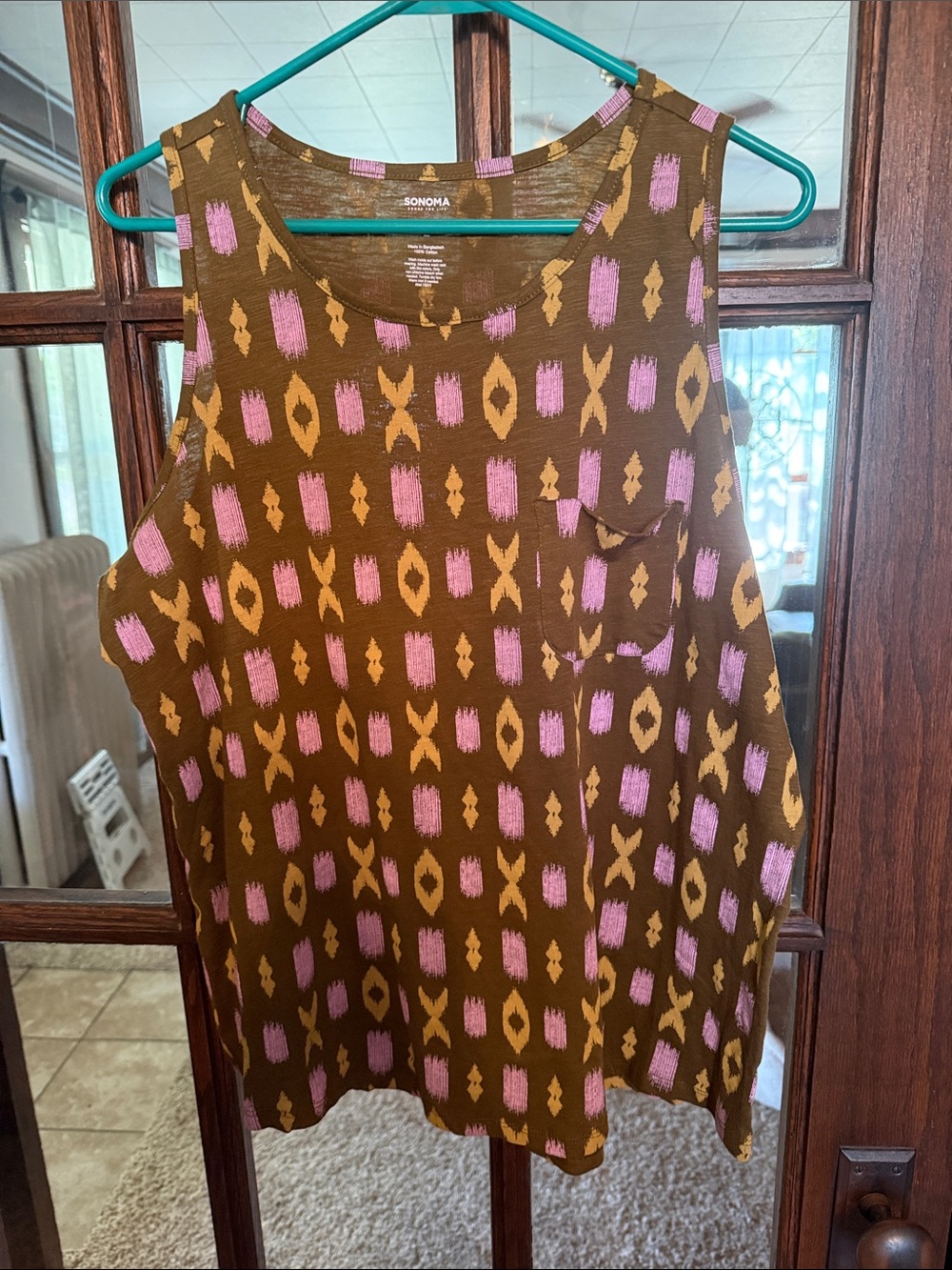 Sonoma‎ Goods For Life Womens Brown Pink Ikat Cotton Slub Pocket Tank Top NWT L